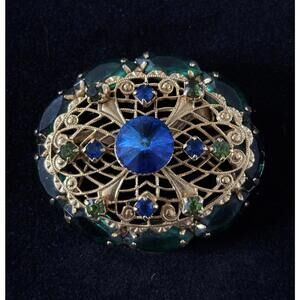 Vtg Blue Rivoli Green Crystal Rhinestone Brooch Layered Oval Gold Tone Filigree